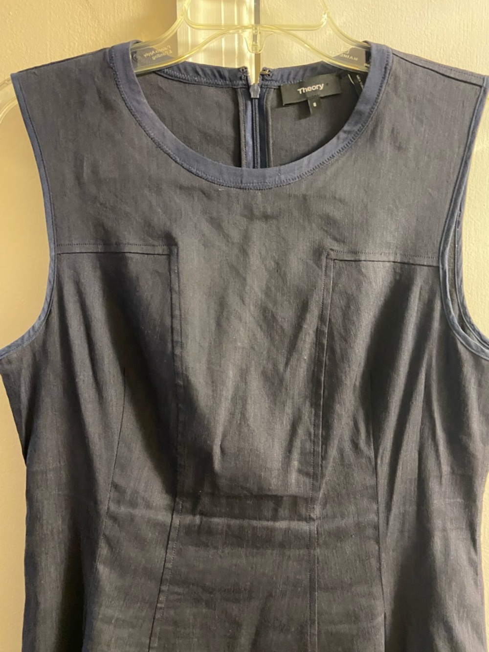 Theory Modern Tea Dress dark navy fit and flare linen blend sleeveless Sz 8 - Picture 4 of 7